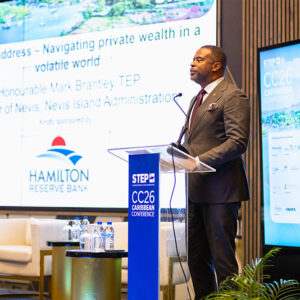 The Honourable Mark Brantley, Premier and Minister of Finance of Nevis, delivering the keynote address — STEP Caribbean Conference 2026, Saint Lucia.