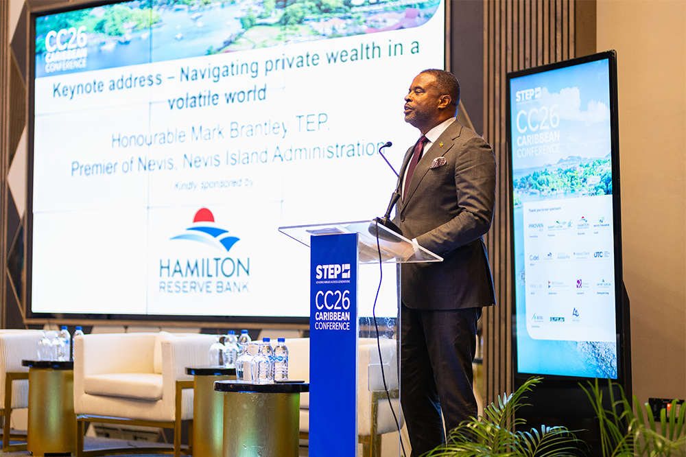 The Honourable Mark Brantley, Premier and Minister of Finance of Nevis, delivering the keynote address — STEP Caribbean Conference 2026, Saint Lucia.